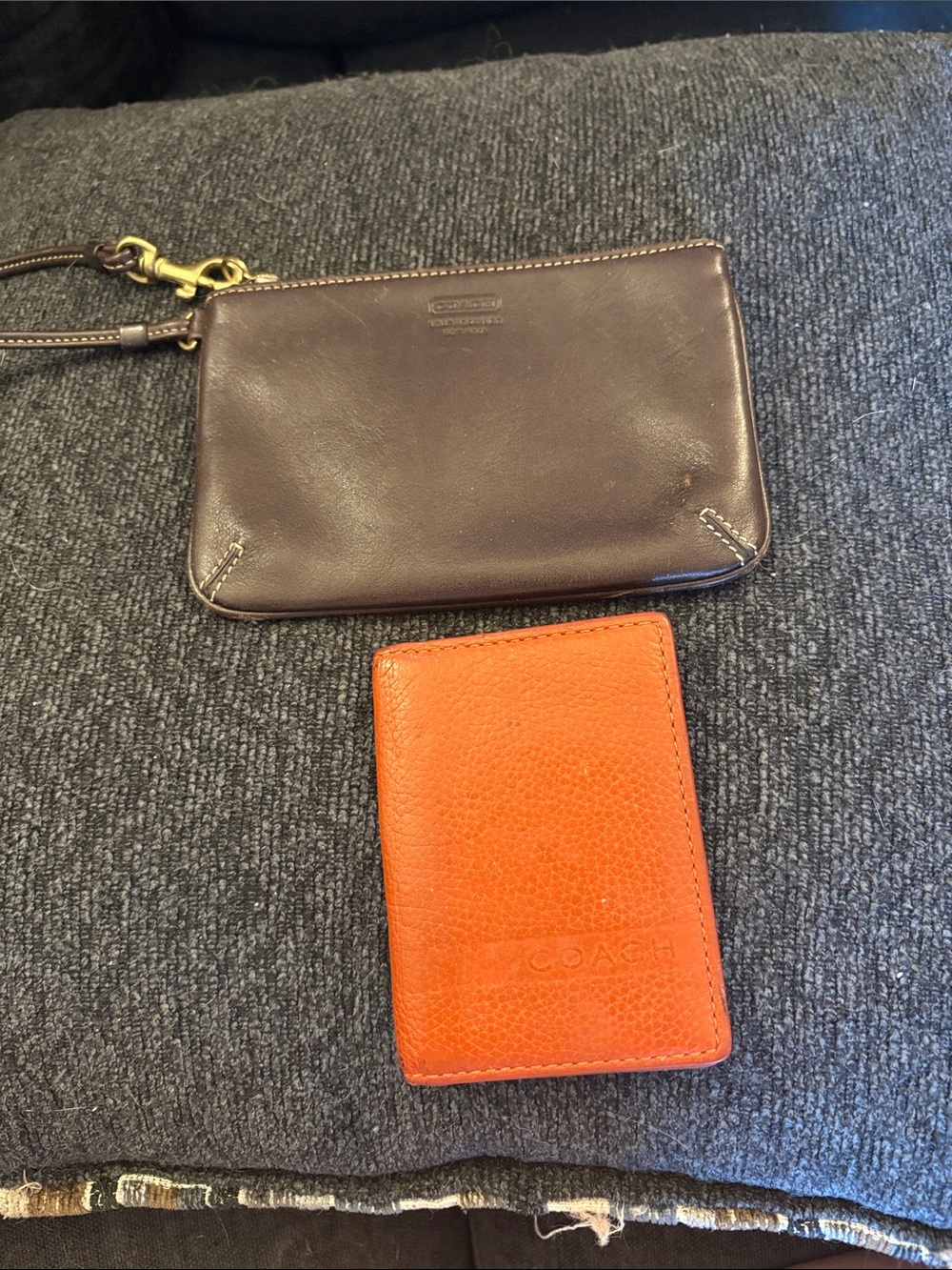 Coach Brown Leather Wristlet with Orange Card Case